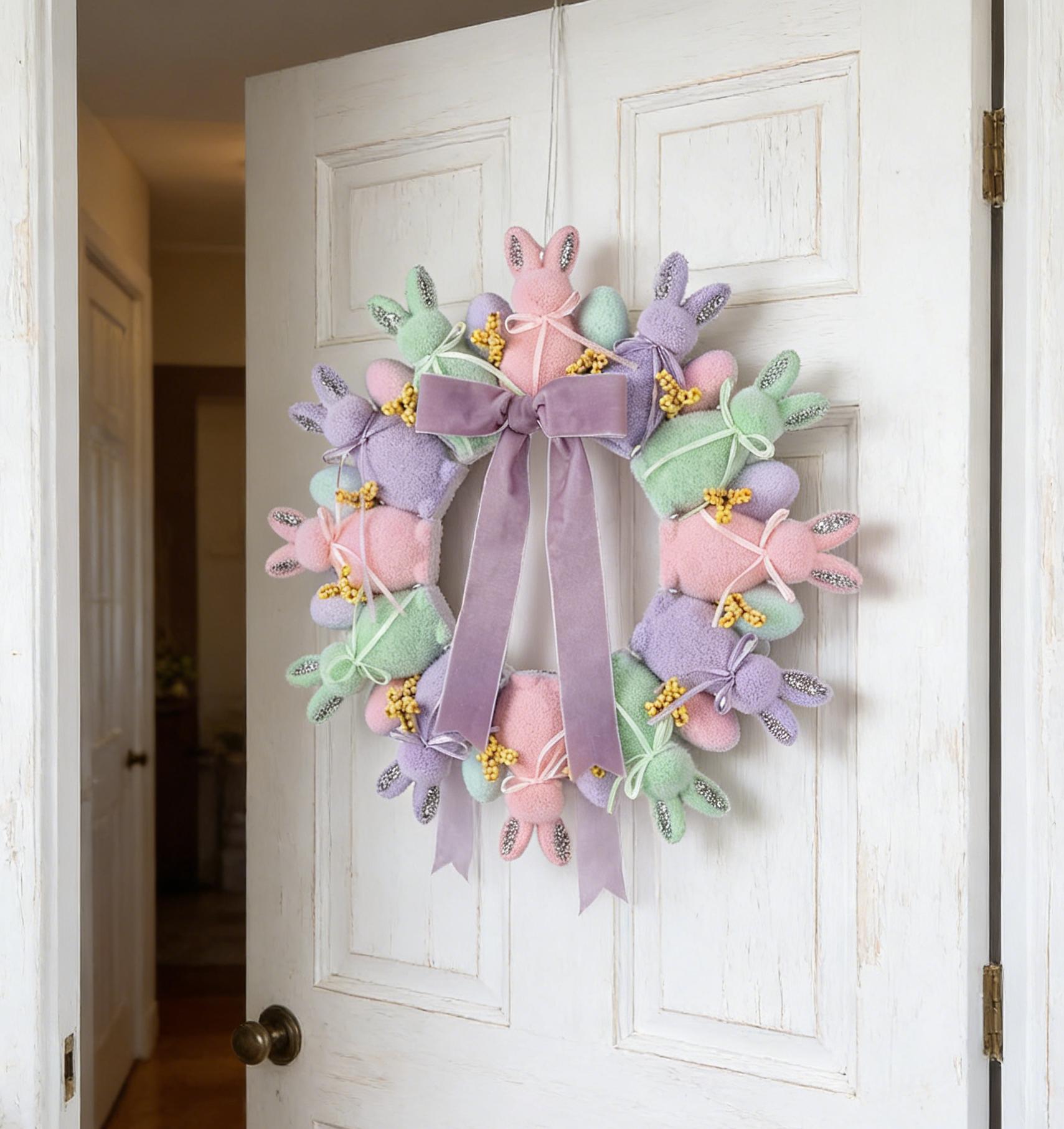 Flocked Easter Bunny Wreath with Eggs & Bow, 13" Spring Door Hanger Decor Cute Easter Wreath Vibrant Colors Easy Hang Spring Wreath for Front Door Porch Wall Window Fireplace Mantel, Easter Decor Farmhouse Home Decor Indoor Outdoor Party Supplies & Gifts