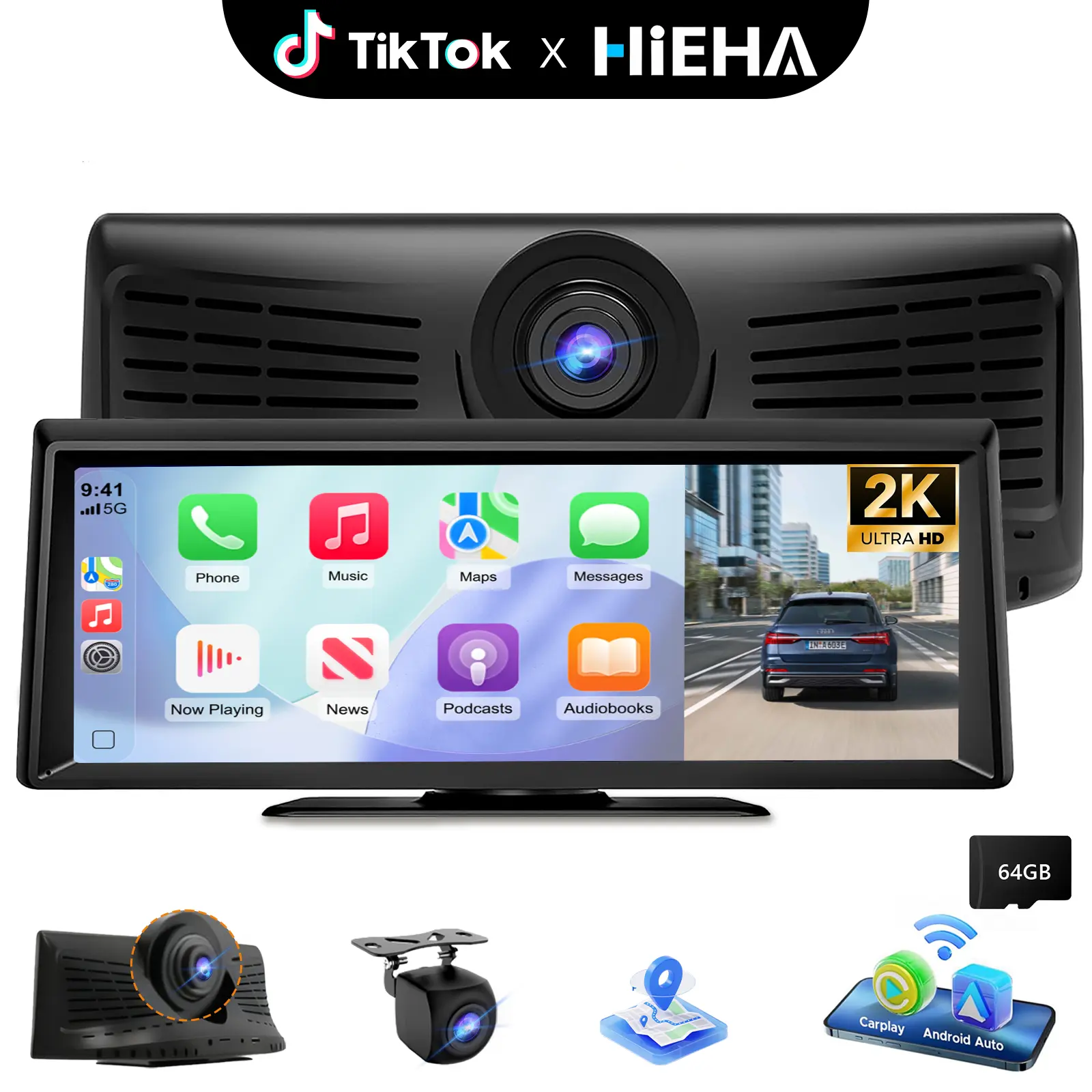 【HiEHA | TikTokShopBackToSchool】8.14" HD Wireless CarPlay Portable Stereo, Supports YouTube & TikTok, 2K Front Dash Cam + 1080P Backup Camera, Apple CarPlay & Android Auto, GPS, Mirror Link, Bluetooth/FM/AUX, Plug and Play, 64GB TF Card Included