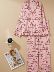 Women's Dachshund Pajama Set Martini And Weenies Print Sleepwear Short Or Long Sleeve Satin PJs Soft Premium Latin Satin Fabric Cute Dog Loungewear Funny Pajama Gift for Her - Womenswear