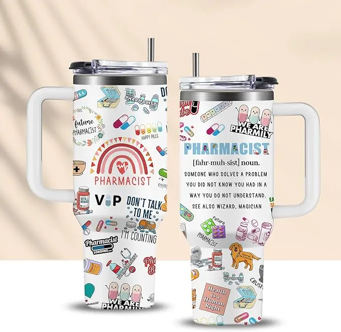 Pharmacist Gifts for Women Cup Tumbler 40Oz with Handle,  Pharmacy Appreciation Retirement Gift for Women Men Coffee Mugs