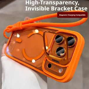 High-end Transparent Stand Magnetic Case for IP17 Pro Max Full Coverage Precision Lens Protection Shockproof Cellphone Casing with Orange Screen Protector MagSafe Free Gift Alloy Lens Film