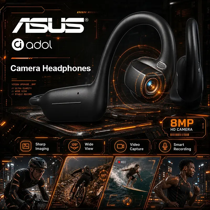 ASUS Adol OWS-G206 On-Ear Wireless Bluetooth Headset - Audio Device with 8MP EIS Stabilized Camera, First-Person Perspective, Waterproof Headphones