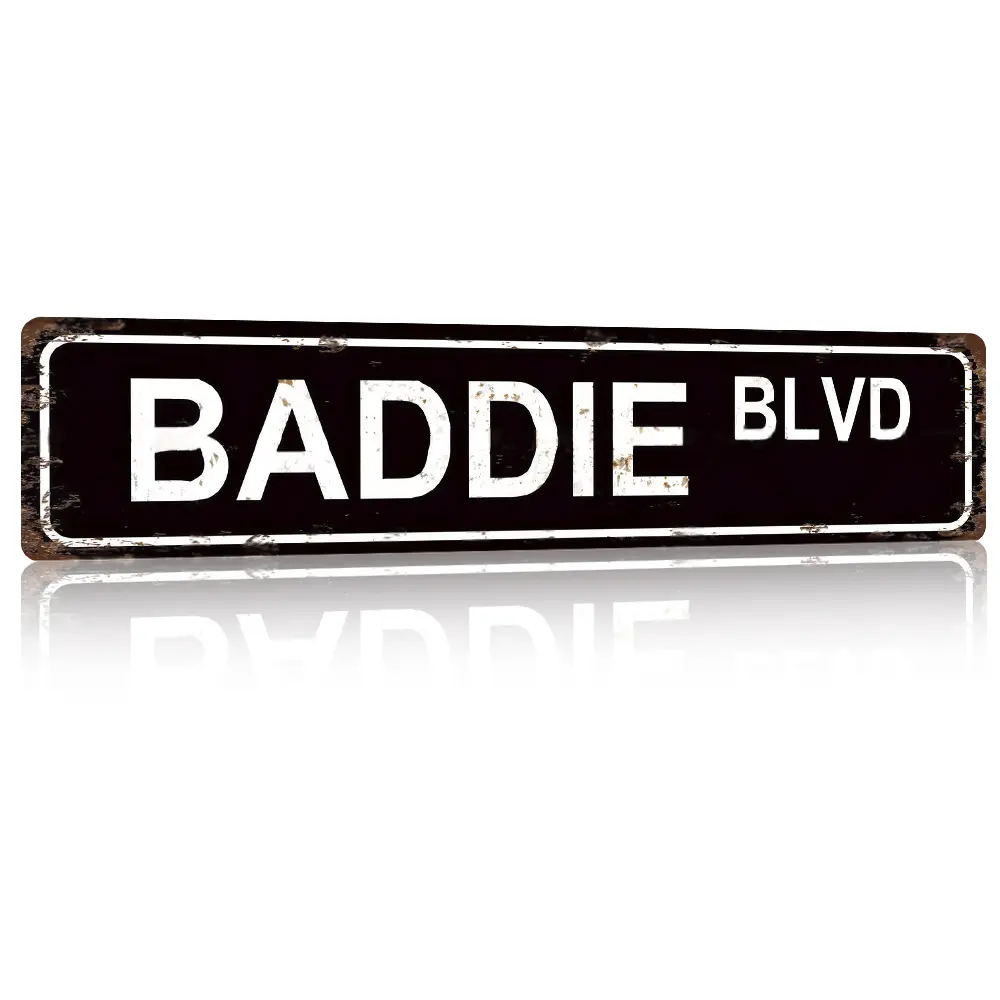 BADDIE BLVD Decorative Aluminium Sign, 4x16 in (10x40 cm) Distressed Street Style Wall Decor for Home, Fashion Leisure Spaces