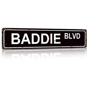 BADDIE BLVD Decorative Sign 4x16 Inch 10x40cm Aluminum Wall Decor Distressed Trendy Street Style Sign for Home Fashion Leisure Space Decor
