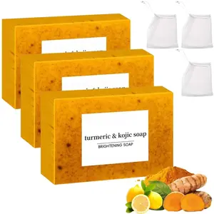 3PCS Turmeric Soap for Spots Remover-Honey Lemon Turmeric Kojic Soap Bar for Face and Body, Organic Daily Use Skin Care Soaps, Deep Cleansing Moisturizing, Handmade Soaps for All Skin Types