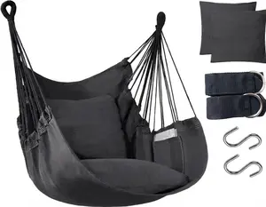 Hammock Chair Hanging Hammock Chair Rope Swing 2 Cushions Included-Sturdy & Durable Soft Cotton Hand Woven Hammock Swing for Bedroom, Porch, Patio-Indoor/Outdoor