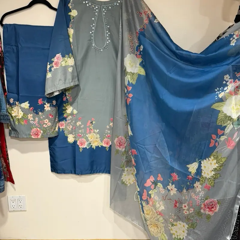 Lulusar Print Silk Three piece dress Necline Mirror Embriodery with Printed trouser and printed silk dupata for ladies