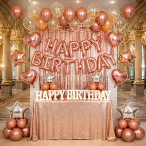 Rose Gold Birthday Party Decorations – Happy Birthday Banner, Rose Gold Fringe Curtain, Heart & Star Confetti Foil Balloons and Hanging Swirls for Princess Birthday Party Backdrop Decor