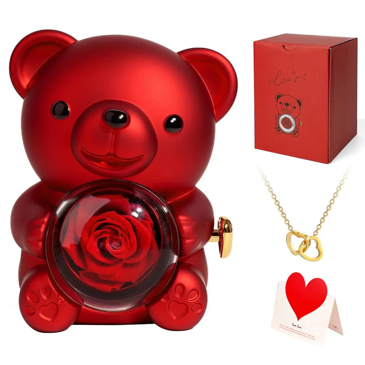 【Including Necklace】Teddy Bear Jewelry Box with Preserved Rose - Romantic Home Decor & Jewelry Organizer Gift Deal for Weddings, Anniversaries, Birthday Day,Valentine's Day Gift,Christmas gifts