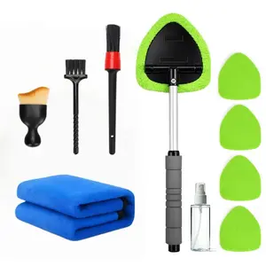 10pcs Car Glass Cleaning Tool Kit - Extendable Handle with Reusable Microfiber Pads & Spray Bottle For Windshield & Window Cleaning