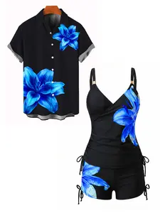 DRESSLILY 2026 Vacation Couple Outfit Women's Floral Print Cinched Boyshorts Swimsuit and Men's Short Sleeve Shirt Matching Set