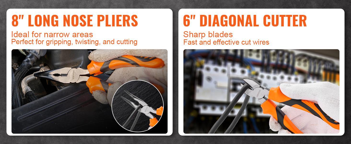 VEVOR 8-Piece Pliers Set, High Carbon Steel, 12"/10"/8" Groove Joint Pliers, 8" Linesman's Pliers, 6" Slip Joint Pliers, 8" Long Nose Pliers, 6" Diagonal Cutter, 10" Adjustable Wrench, and Tool Bag