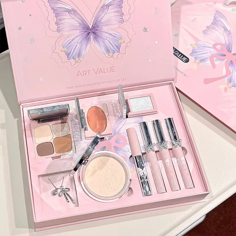 Complete Makeup Set, Cosmetic Set with Eyeshadow, Blush, Highlighter, Powder, Brow Gel, Lip Gloss, Accessories, Perfect for Full Face Makeup, Gift Ready, Beauty Kit