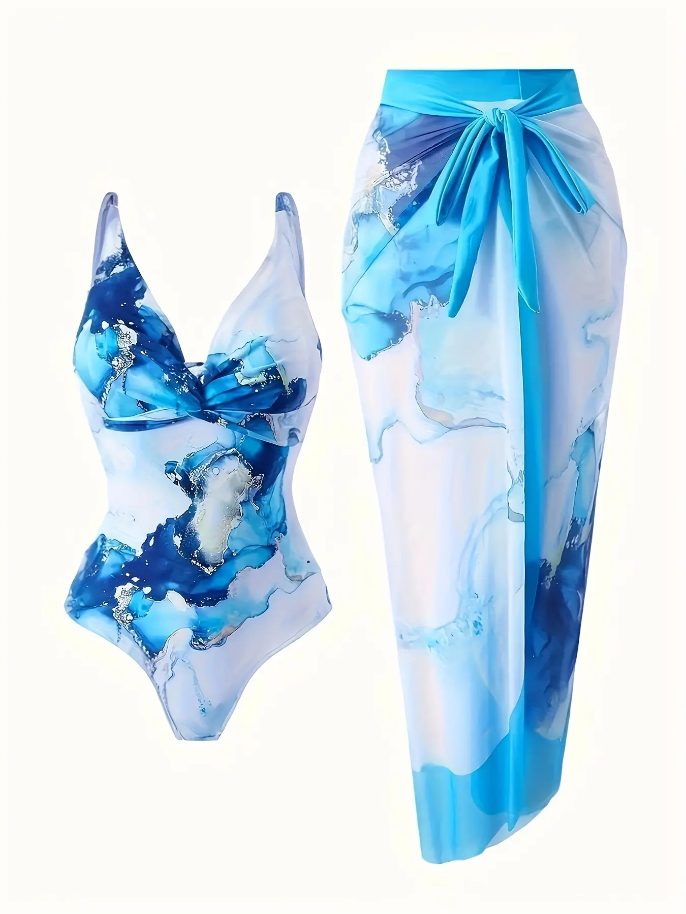 Women's Marble Print 2-Piece Beach Swimwear Set - Swimsuit for Women with V-Neck Cut, Matching Side-Tie Sheer Cover-Up, Skirt Style, Chic Summer Sports Swimdress for Sun Activities, Two Piece
