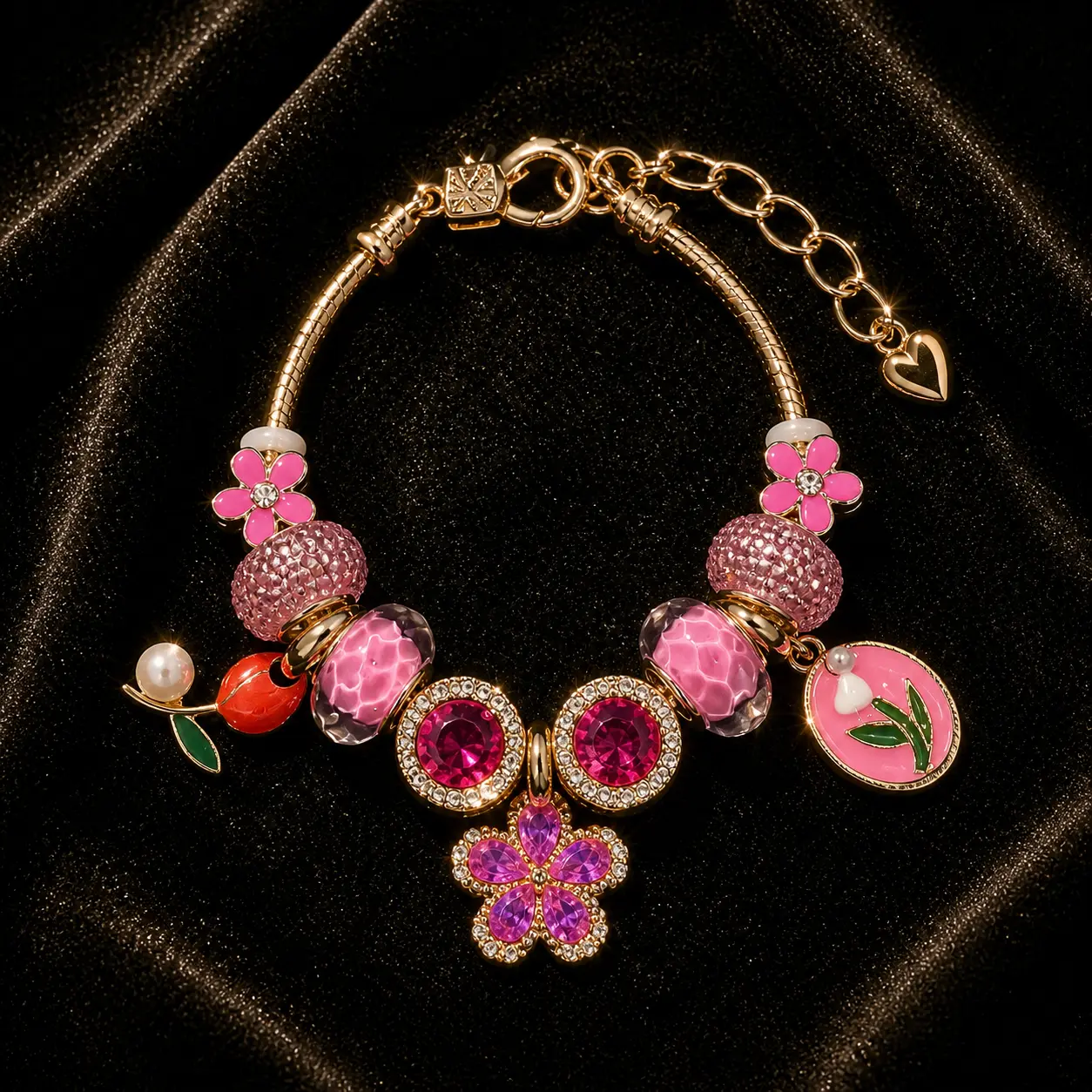 Pink Crystal Butterfly Charm Bracelet for Women, Flower Heart Beaded Dangle Jewelry Gift for Her