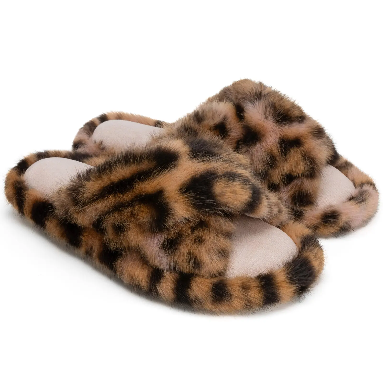Chantomoo Cross Band Fuzzy Slippers for Women Memory Foam Faux Fur Lined Cozy House Shoes Gift