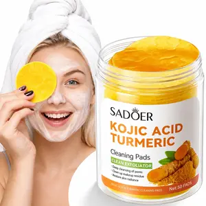 SADOER Kojic Acid Turmeric Cleaning Pads, 50PCS Deep Clean Exfoliating Pads for Dark Spots & Makeup Residue, Brightening Skin Cleansing Pads for Face & Body