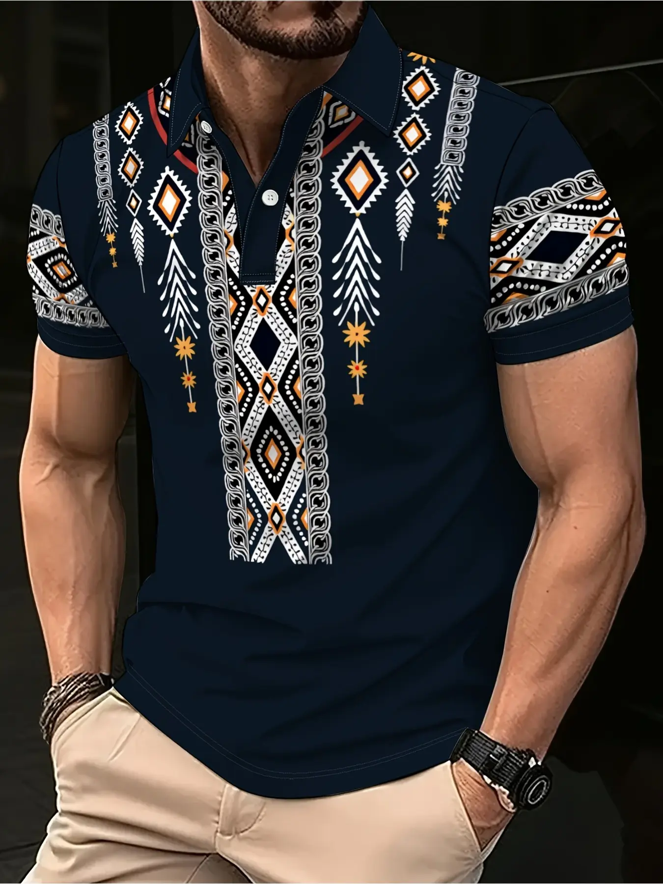 Men's summer Polo shirt - Ethnic geometric contrast design - Symmetrical print style - Casual polo shirts