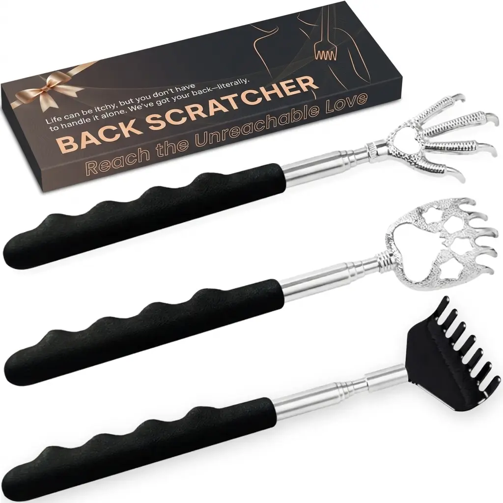 3-Pack Stainless Steel Portable Telescoping Backscratcher with Rubber Handles, Extendable Back Massager Tool in Gift Box, Christmas White Elephant Stocking Stuffers for Adults