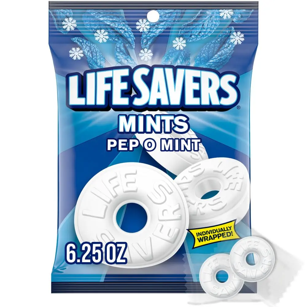 LIFE SAVERS Pep-O-Mint Hard Candy Peppermint Blue Bag Individually Wrapped, 6.25 oz Bag
