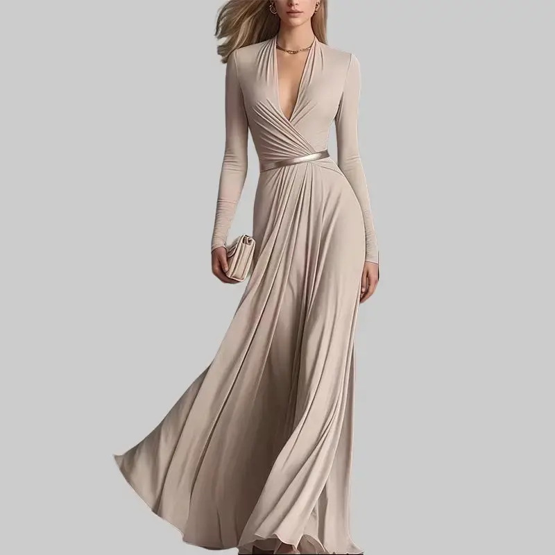 knee length dresses for ladies Victoria Wrap Maxi Dress - Ultimate 1900's Charm, Wheat | XL - 56 | Polyester Blend, Balloon Sleeves, Double Belts, Lined