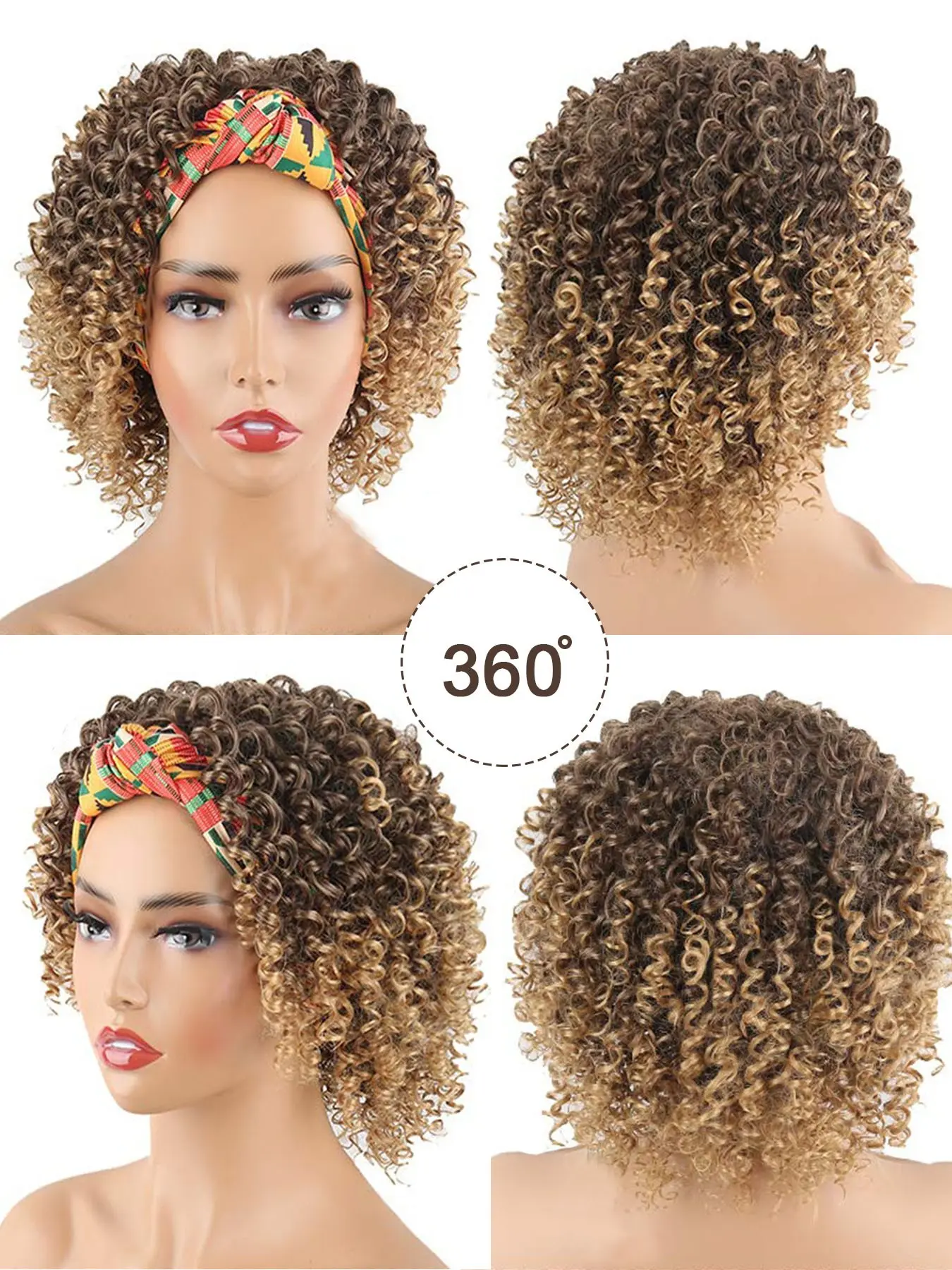Short Afro Curly Headband Wigs for Women, Deep Curly Wigs with Headband, 2 in 1 Afro Kinky Curly Wigs with Turban Scarf T4/27, Synthetic Curly Wigs