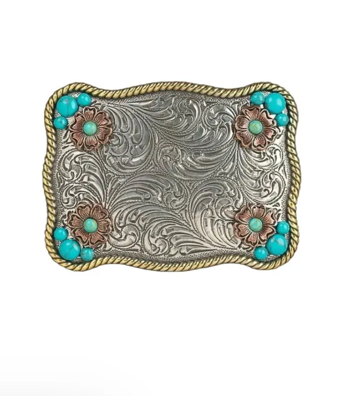 Southwestern Floral Metallic Belt Buckle with Genuine-look Turquoise Stones, Engraved Tri-Color Finish with Roped Edge, Fits Standard 1.5-Inch Belts, Waistband Buckle