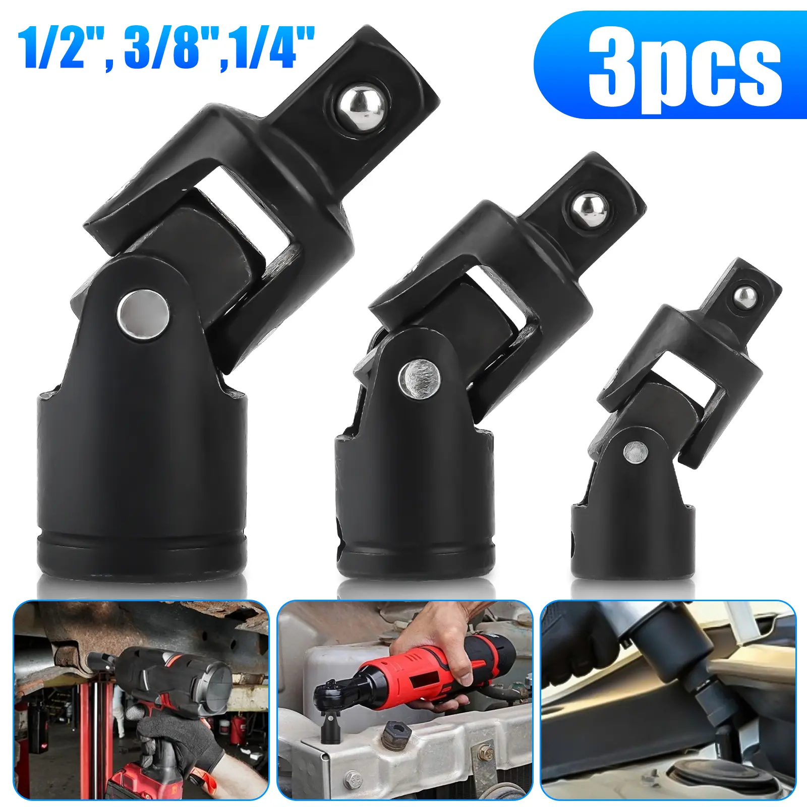 NSI 3Pcs Impact Universal Joint Socket Swivel Set - 1/4" 3/8" 1/2" Drive Sockets Tool,Swivel Socket Adapter Set for Bicycles,Cars,Mechanical Car Repairs
