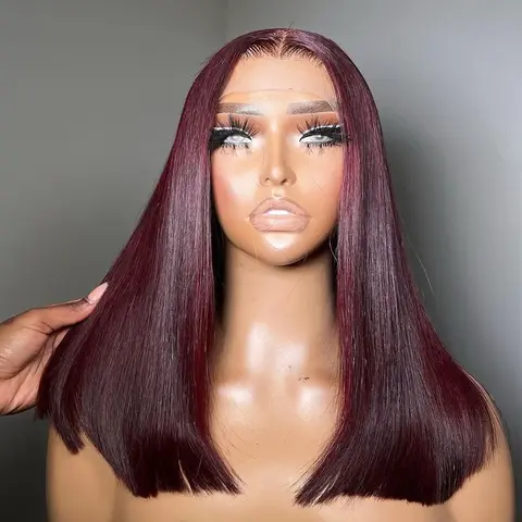 Bob Wig Dark 99J Straight Lace Frontal Wig Burgundy Lace Front Human Hair Wig Pre Plucked For Women  180% Denisity