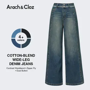 Arach&Cloz Women's Cotton Contrast Waistband Wide Leg Stretchy Denim Jeans 2026