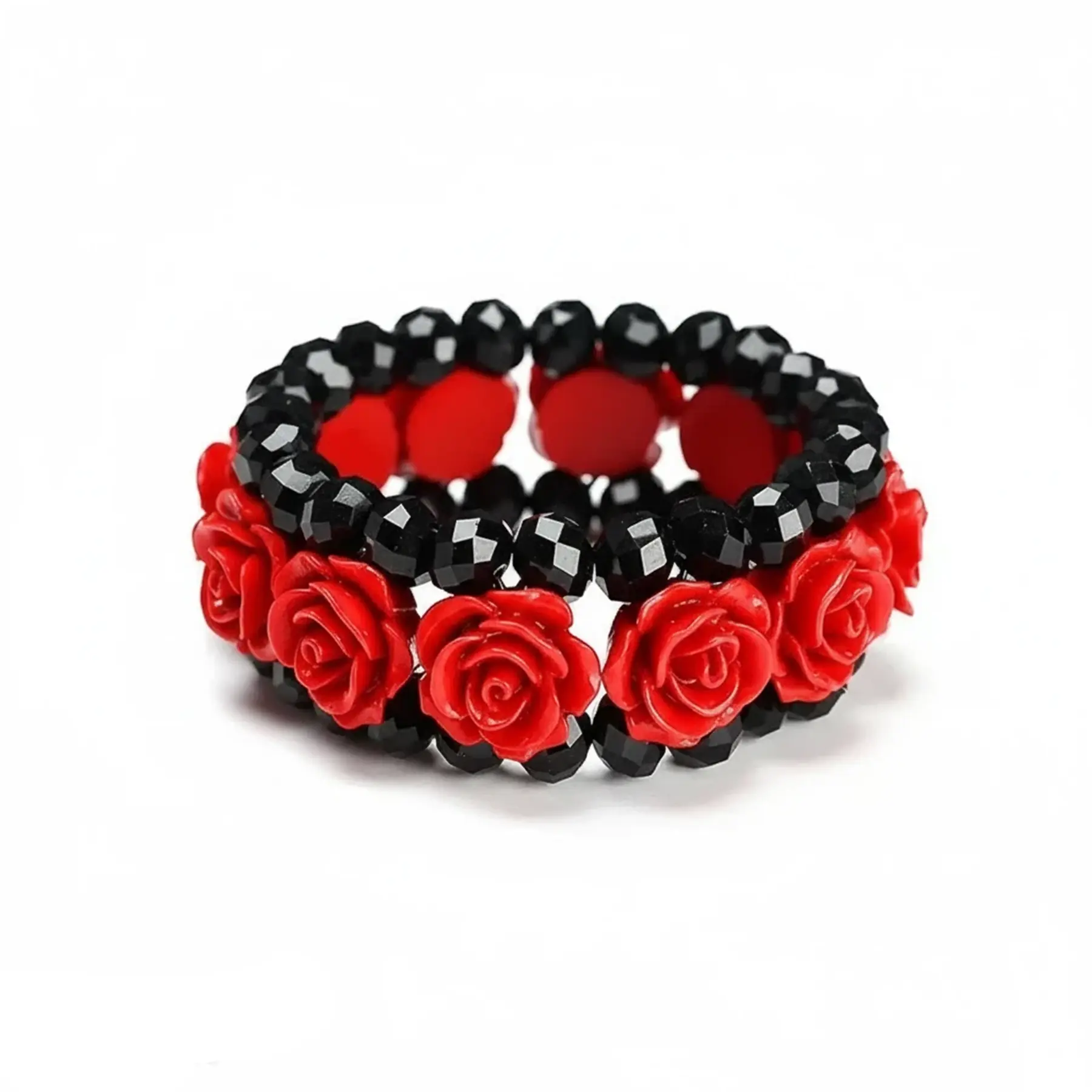 Arm Candy Accessories, Handcrafted Black Crystal Beads with 3D Floral Charm, Hip-Hop Style Streetwear Jewelry, Adjustable Fit, Attracts Wealth, Red Rose, Bestie, Club Dates, Red Roses, Flexible Band, 3D Rose Crystal Bracelets & Bangles