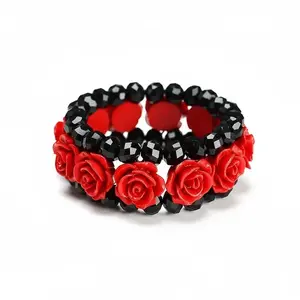 Retro Gothic Red Rose Bracelet Handcrafted elastic band with black faceted crystal beads A protective charm bracelet bringing women luck, wealth, and guardianship. Hip-Hop Style Bracelet