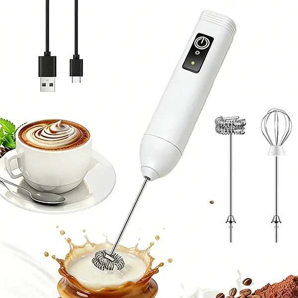 Handheld Milk Frother, Rechargeable Electric Foam Maker with Dual Spring Whisk & 3 Speeds, Compact USB-C Charging Stainless Steel Mixer for Morning Coffee, Protein Powder, Milkshakes, Coffee Equipment