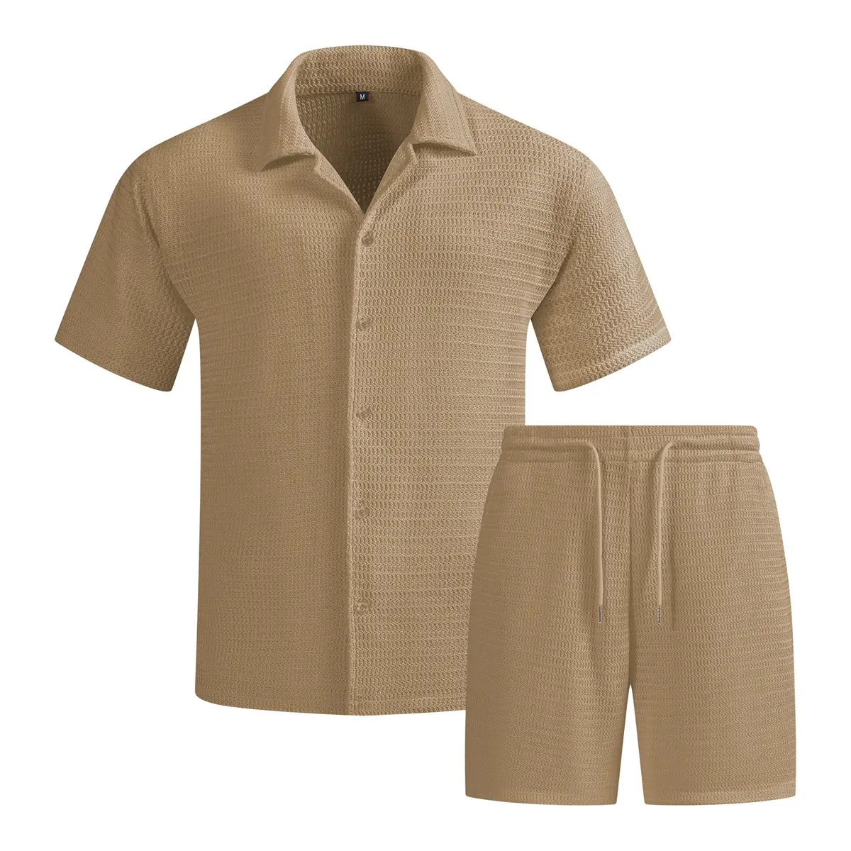Men's 2-Piece Preppy Casual Menswear Basic Set - Regular-Fit Solid Color Collared Short-Sleeve Button-Down Shirt & Drawstring Shorts for Summer Vacation, Casual Fashion, Simple, Plain, Clothes, Casual Fashion Set