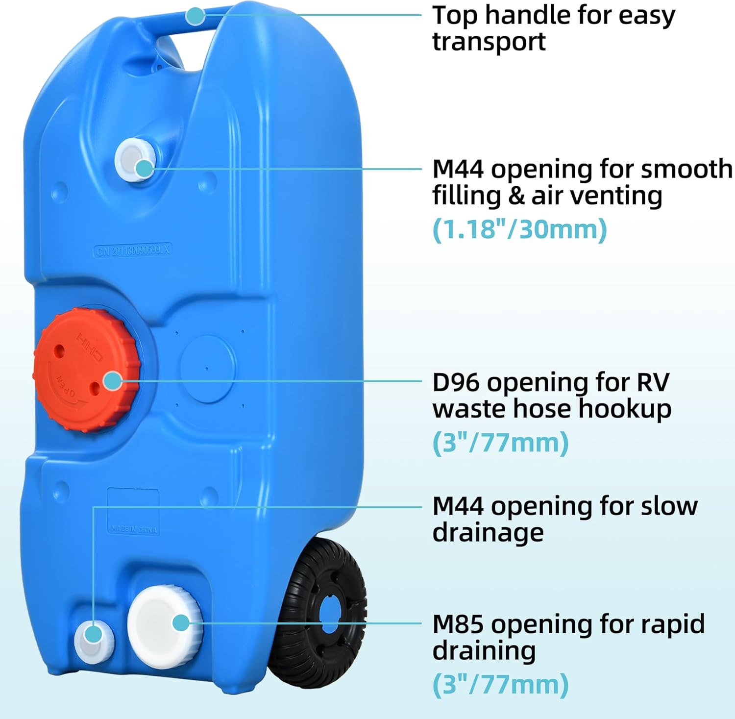 YITAMOTOR 40L Portable Water Tank with Solid Handle, Odorless Tote for Camper with Large Wheels, Portable Water Holding Tank with Filling and Draining Ports for Efficient Water Management, Blue