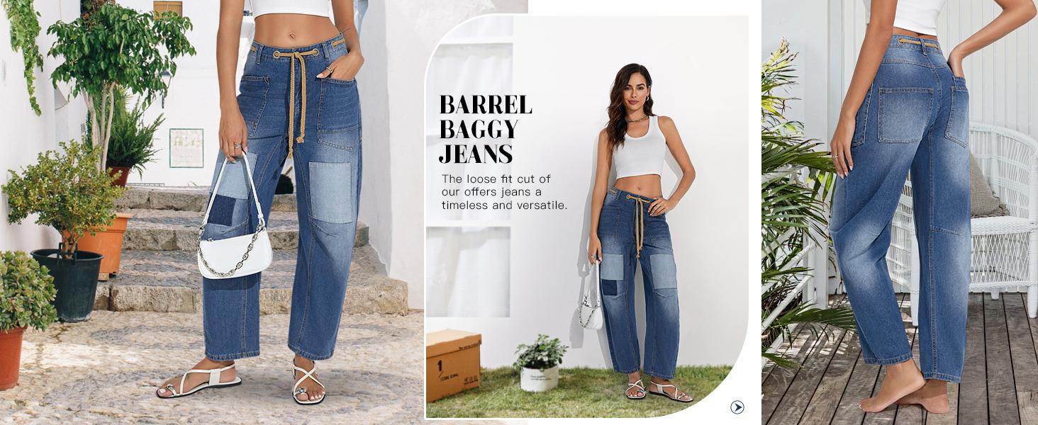 Cicy Bell Women's Baggy Barrel Horseshoe Jeans Wide Leg Patchwork Low Rise Denim Pants with Pockets Streetwear Bottom Fitted Basic Trouser for Stylish Womenswear