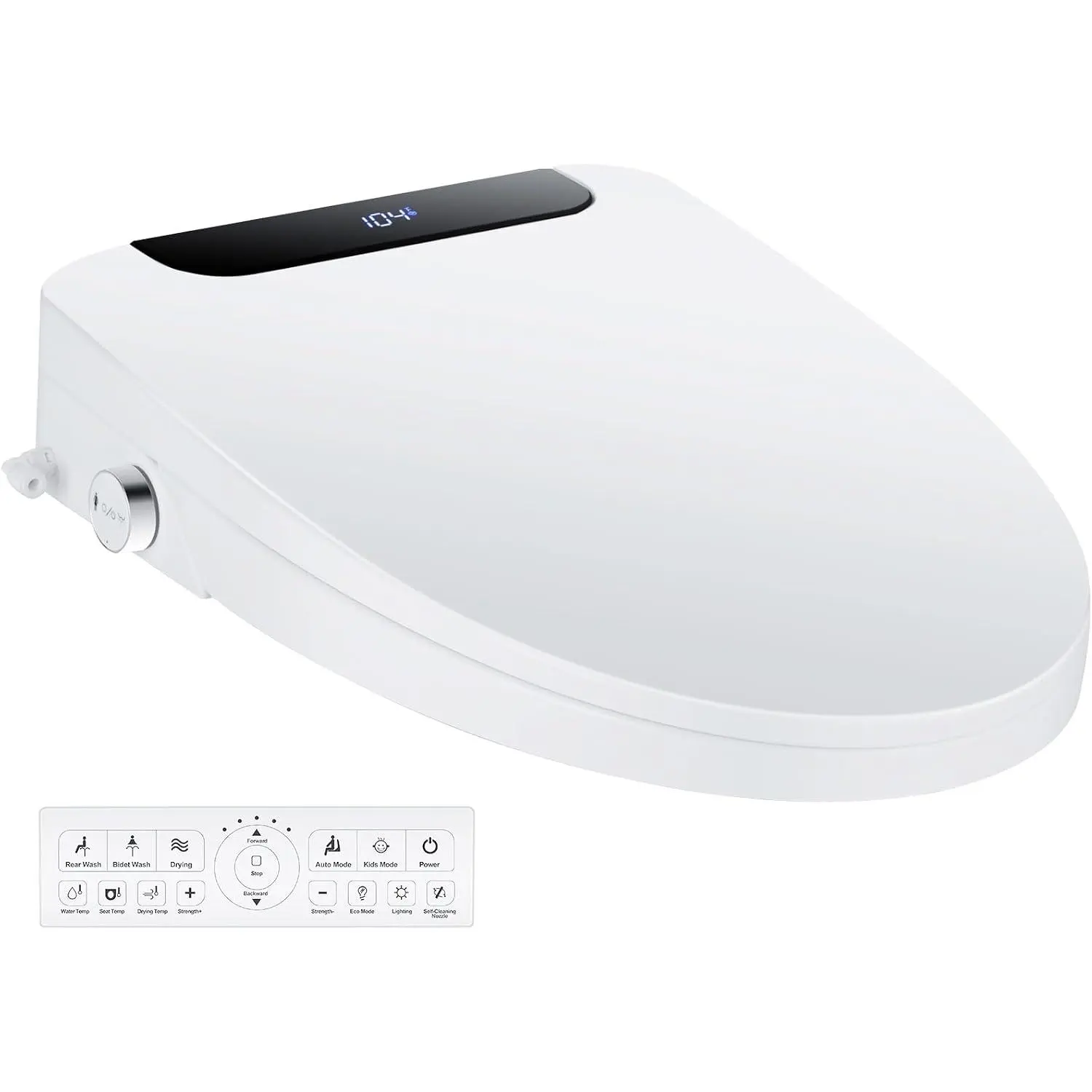 Electric Elongated Bidet Toilet Seat (Model 102) with Warm Water Wash, Heated Seat, Slow-Close Lid, Front & Rear Cleaning, Air Dryer, Night Light, Wireless Remote
