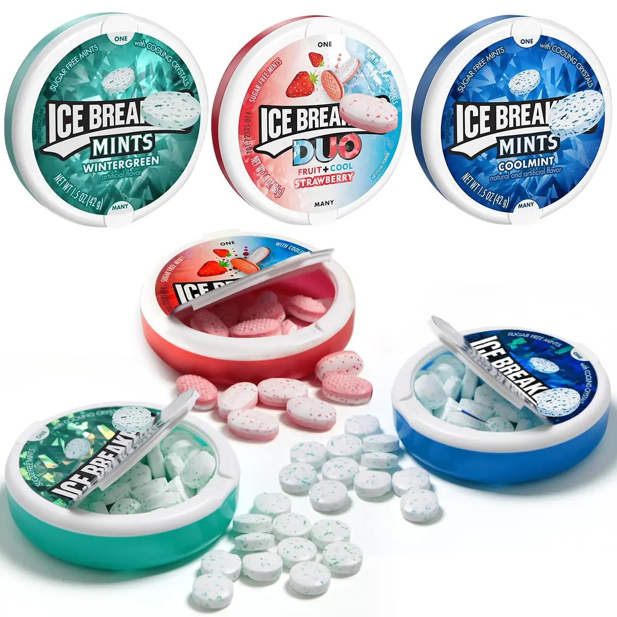 ICE BREAKERS Sugar-Free Hard Candy & Mints Variety 6-Pack - 2 of Each Flavor (Wintergreen, Coolmint, DUO Strawberry) - Travel-Size Compact Snacks for Fresh Breath, Sweet Sugar-Free Treats, Six-Pack
