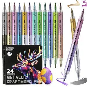 Marker 24 Metallic Craftwork Pens Dual Tip Acrylic Paint Markers for Black Paper Scrapbooking Rock Painting Wood Canvas Stone Glass Ceramic DIY Crafts Making Art Supplies