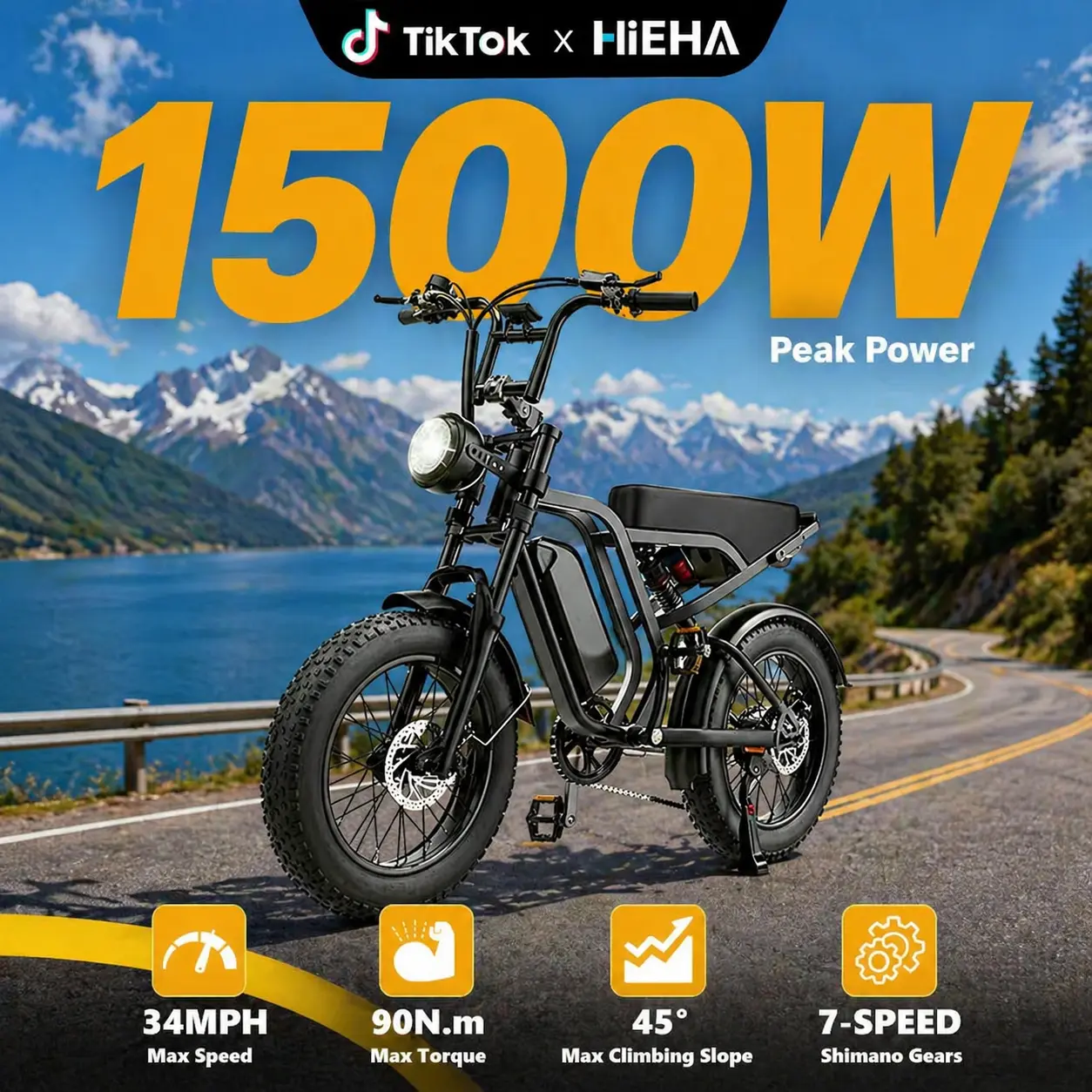 【Hieha】Summer Sale｜All-Terrain 1500W Electric Bike lFullSuspensionTop Speed 34MPHRange 40+ Miles | 48V 15AhRemovableBatterylLED Headlights 20-InchAll-Terrain Fat Tires lUL2849Certified ebike｜Original factory｜Father's Day gift