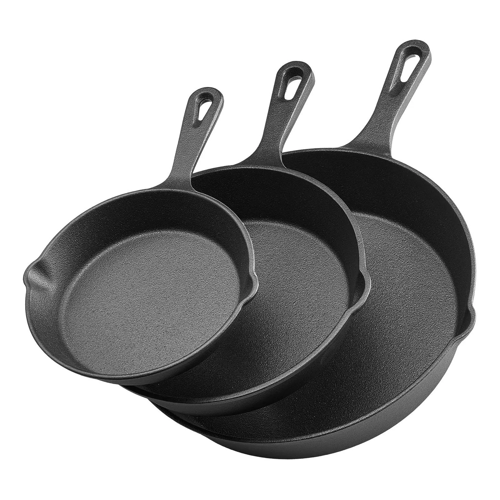 VEVOR Multi-Size 3-Piece Cast Iron Frying Saucepan Set (6,8,10 in) - Pre-Seasoned, Oil-Coated, Heavy-Duty Cooking Pans with Heat-Resistant Handles, Heat Retention for Stir-Frying, Simmering, Induction/Gas/Electric Stoves