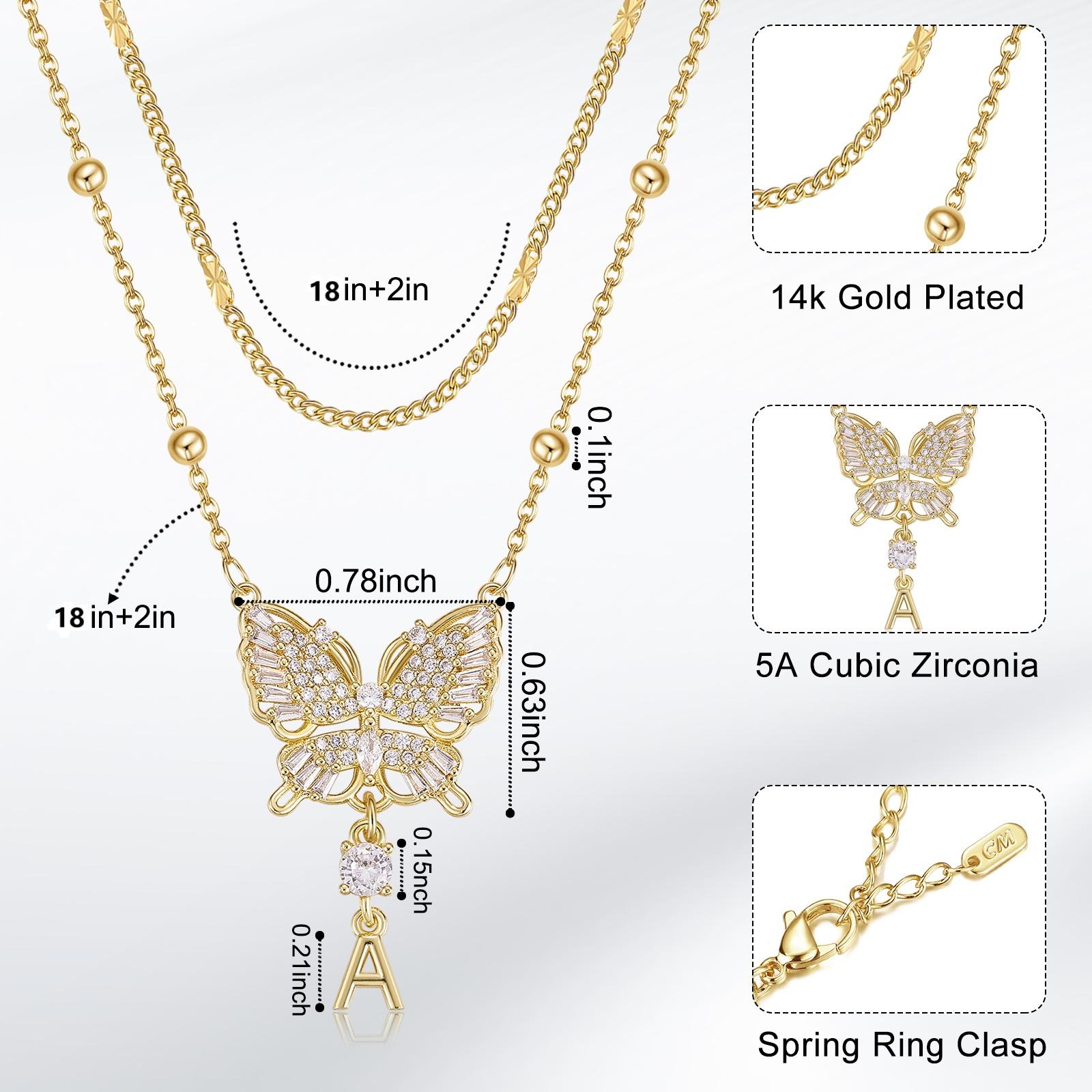 MEIITRUE Butterfly Initial Necklace for Women 14K Gold Plated 5A CZ Pendant Layered Necklace with Adjustable 18in + 2in Extender Hypoallergenic & Skin-Friendly