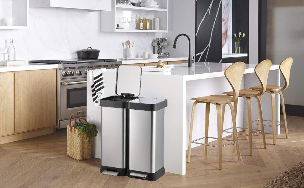 【GARVEE】13 Gallon (2x25L) Step-Open Dual Trash and Recycling Bin with Soft-Close Lid, Fingerprint Proof Stainless Steel, Modern Minimalistic Design for Home, Kitchen, Laundry, Office, Bedroom, Bathroom, No Inner Bucket