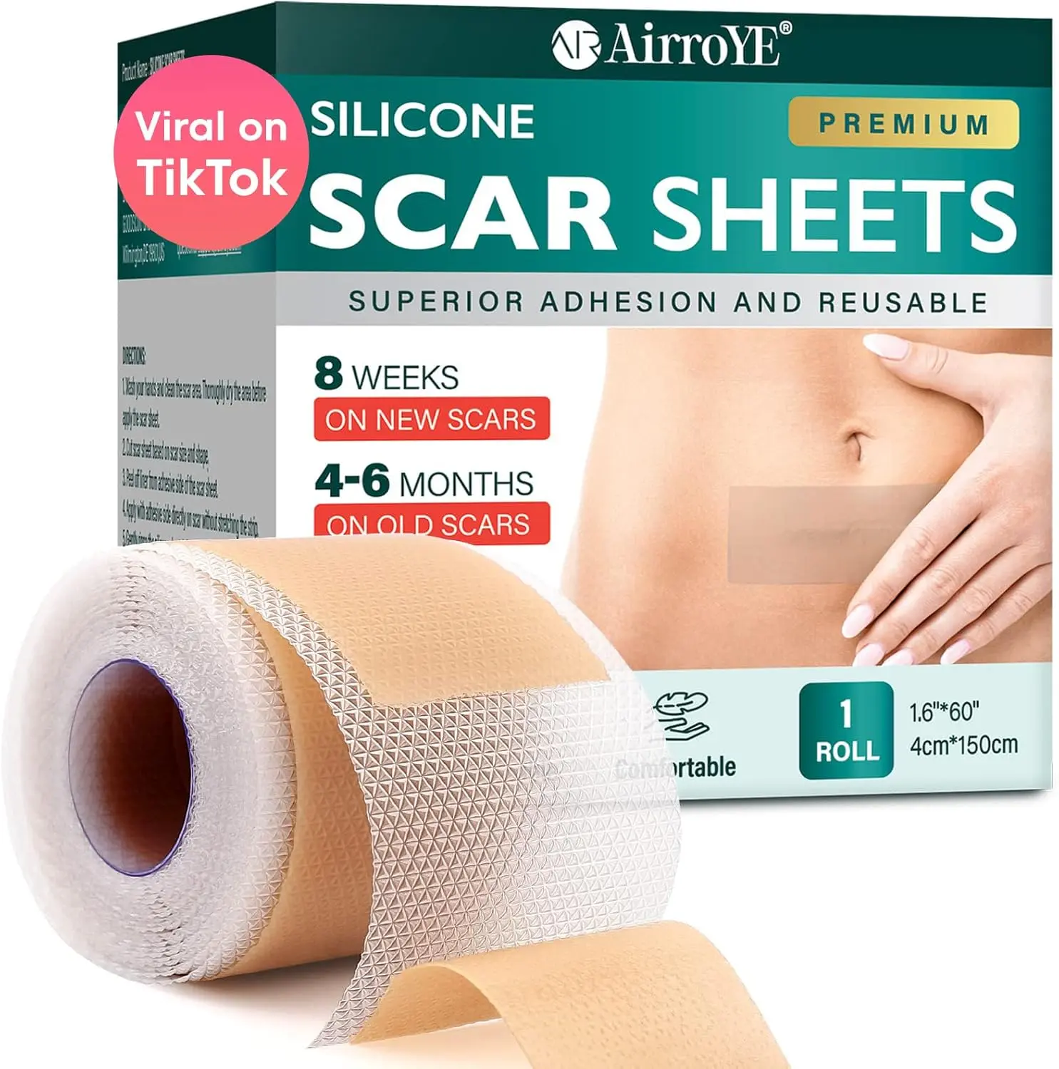 AirroYE Premium Silicone Scar Sheets 1.6"x60" Roll-3M Reusable Effective Removal for Surgical Scars Healing Keloids C-Section Tummy Tuck Healthcare Therapeutic