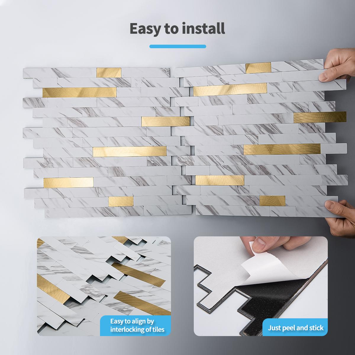 Art3d 10-Sheet 13.8‘’×11.8‘’ Peel and Stick Backsplash Vinyl Stone Tile for Kitchen, Bathroom, Laundry Room Decor in White Slate with Gold Studded Art3d 10-Sheet 13.8‘’×11.8‘’ Peel and Stick Backsplash Vinyl Stone Tile for Kitchen, Bathroom, Laundry Room Decor in White Slate with Gold Studded