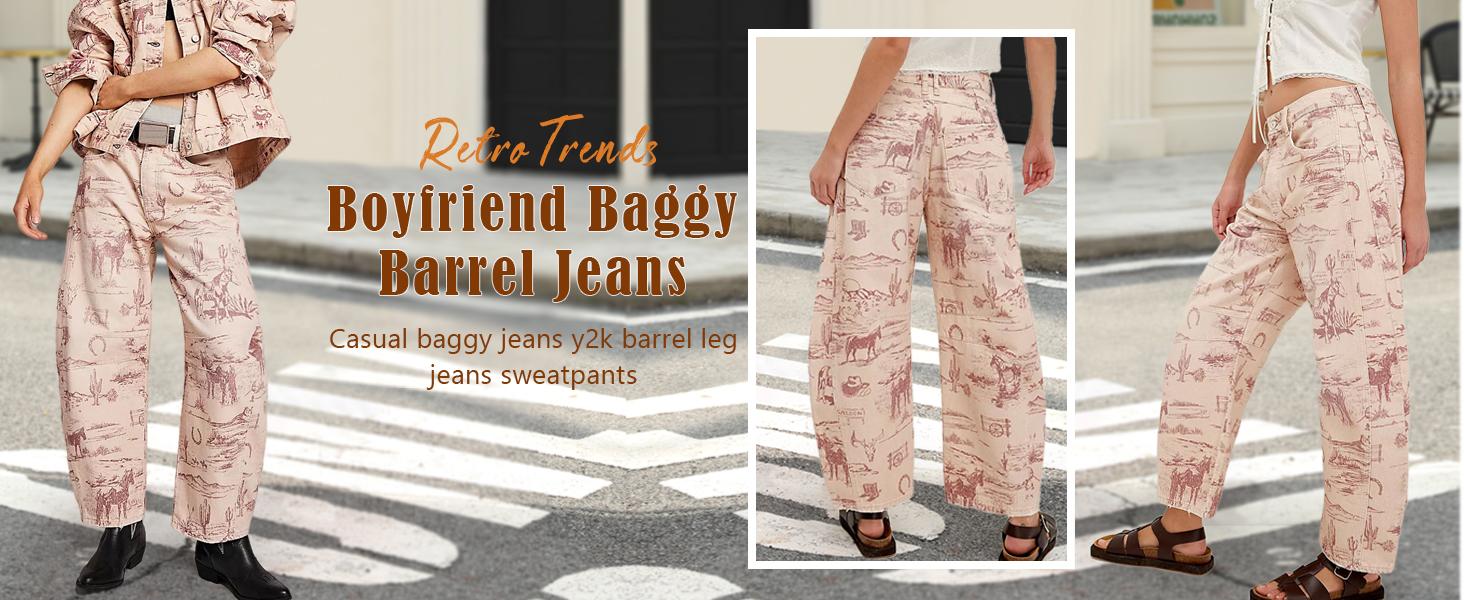 CHOUYATOU Women's Printed Wide-Leg Jeans Y2k Loose Mid-Rise Jeans in Soft Pink with Boho Floral Pattern Casual Denim Trousers SpringStatements