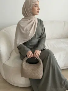 CL58 Women's Solid Color Knot Front Abaya, Modest Round NeckLong Dress for Daily Wear, casual abaya Modesty Robe Maxi【Fashionweek】