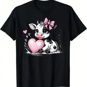 Cute Cartoon Baby Cow with Blue Eyes & Pink Bow T - shirt, Black Base, White Spotted Cow Holding Pink Heart, Smaller Pink Hearts on Left - Playful & Affectionate Design, Perfect for Cow Lovers & Gift - Casual Crew Neck Cotton T - shirt, Super Soft