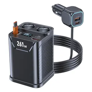 Cigarette Lighter Splitter with Retractable Car Charger, 45W USB C Car Cup 2-Socket Cigarette Lighter Adapter Heavy Duty Truck Car Plug Outlet Splitter Fast Charging 12V/24V Multi Port for Car Devices