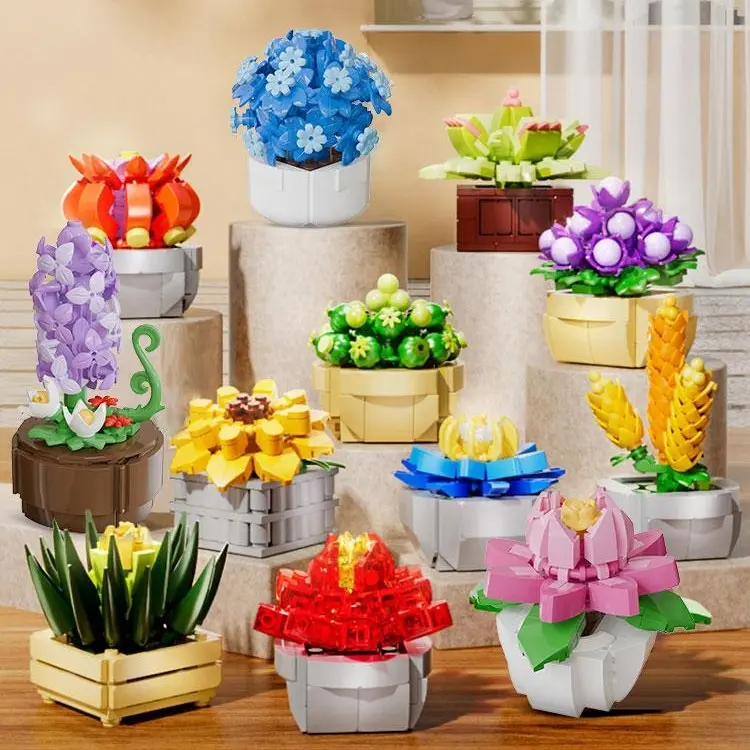 3D Blind Flower Succulent Rose Plastic Blocks Building Block Bouquet Diorama Kits - DIY Kids Toys, Open Ended Play Educational Learning Toys for Ages 6+, Table Decoration, Valentine's Gift